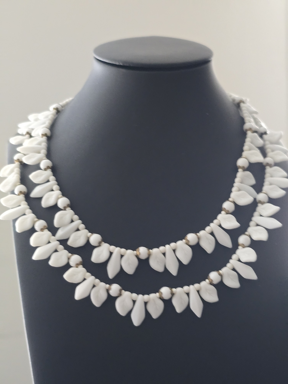 Vintage 1950s West German Molded Milk Glass Leaf Necklace Double Strand